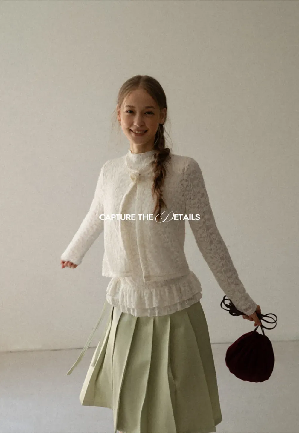Lace Trim High Neck Ruffled Hem Long Sleeve Top