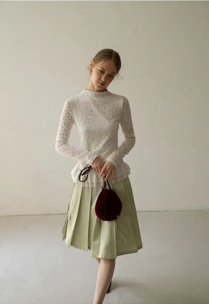 Lace Trim High Neck Ruffled Hem Long Sleeve Top