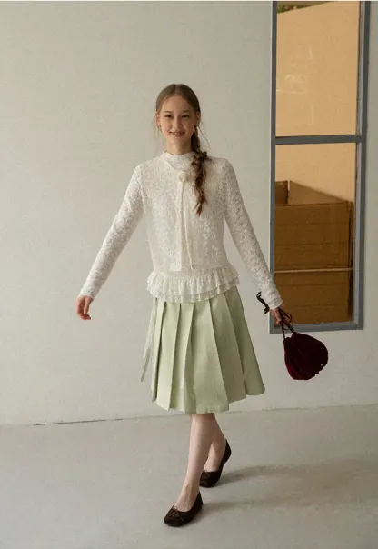 Lace Trim High Neck Ruffled Hem Long Sleeve Top
