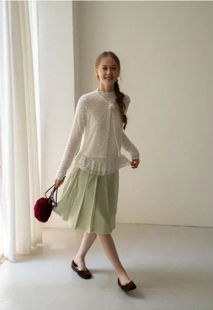 Lace Trim High Neck Ruffled Hem Long Sleeve Top