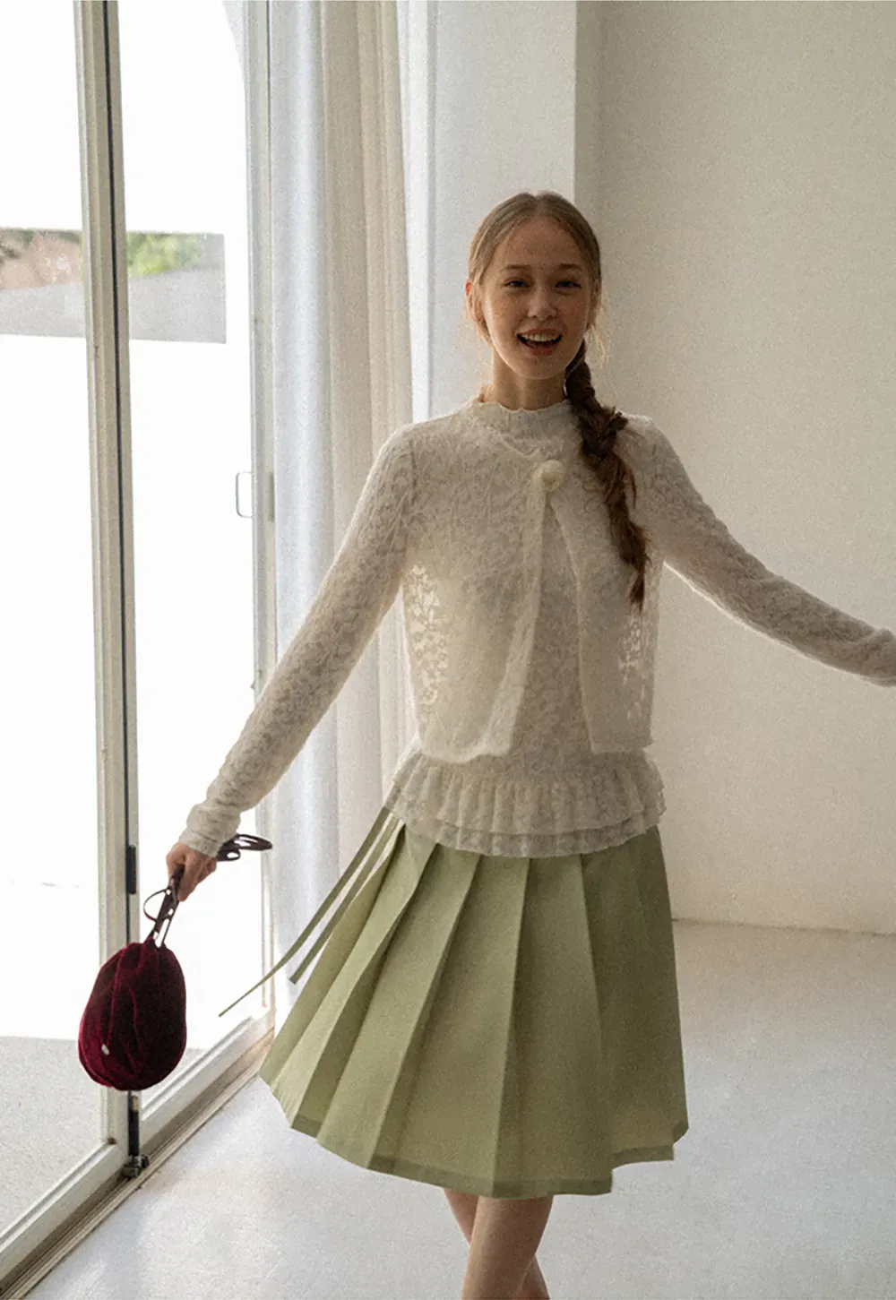 Lace Trim High Neck Ruffled Hem Long Sleeve Top
