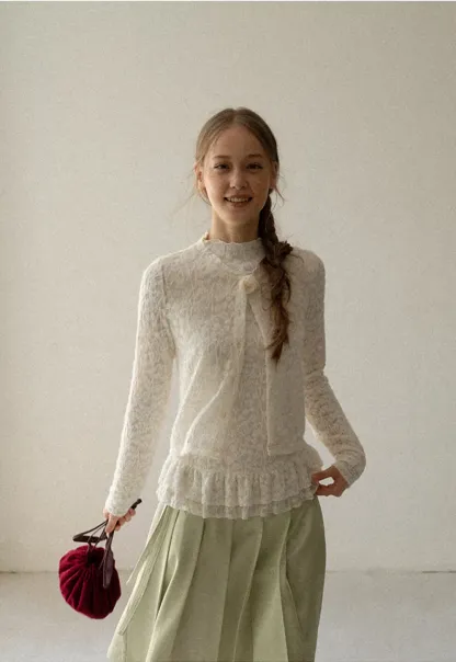 Lace Trim High Neck Ruffled Hem Long Sleeve Top