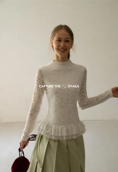 Lace Trim High Neck Ruffled Hem Long Sleeve Top