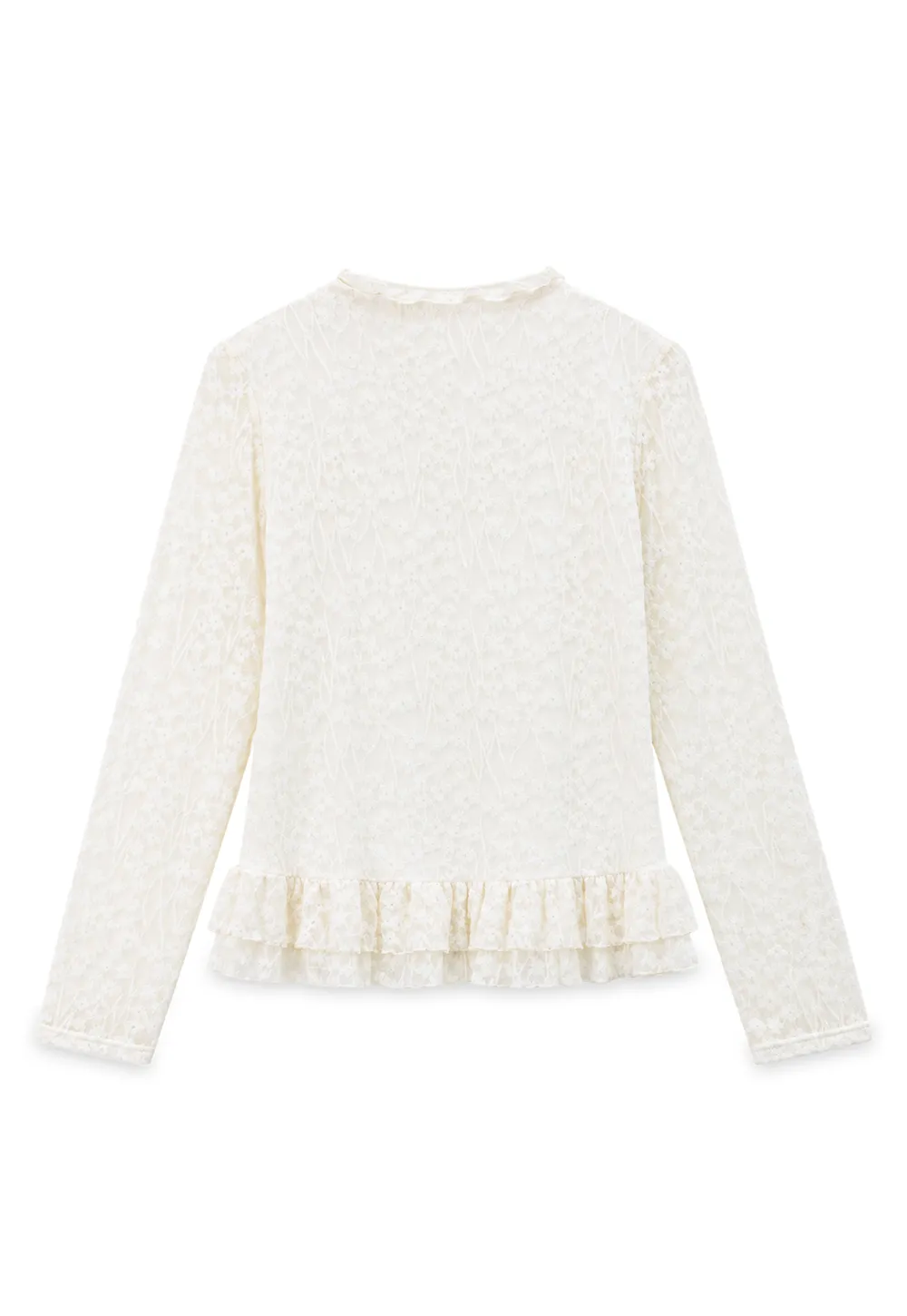 Lace Trim High Neck Ruffled Hem Long Sleeve Top