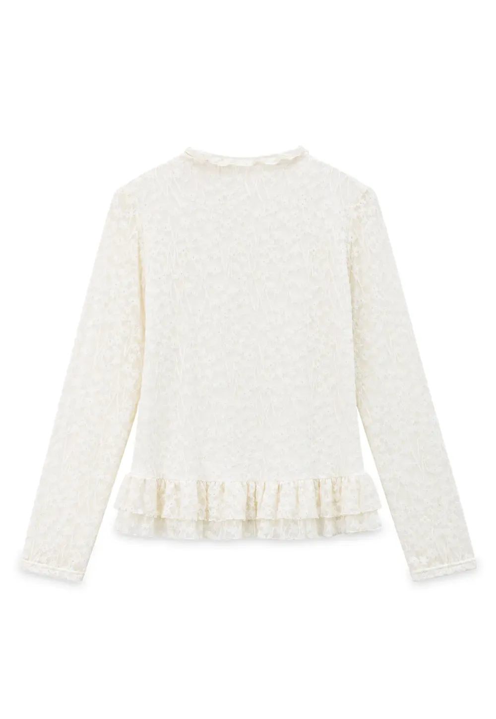 Lace Trim High Neck Ruffled Hem Long Sleeve Top