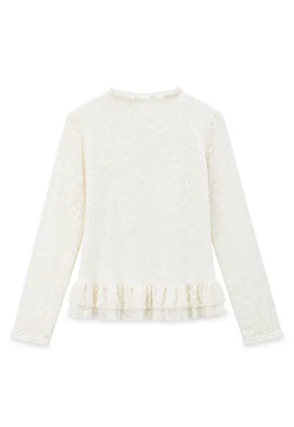 Lace Trim High Neck Ruffled Hem Long Sleeve Top