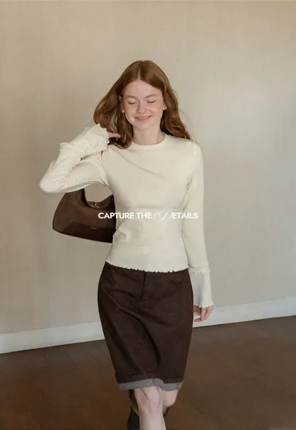 Scalloped Hem Long Sleeve Knit Top