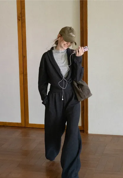 Cropped Open Front Cardigan and Wide Leg Drawstring Pants