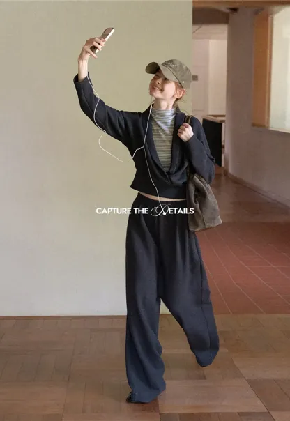Cropped Open Front Cardigan and Wide Leg Drawstring Pants