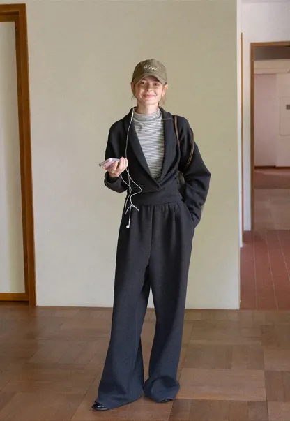 Cropped Open Front Cardigan and Wide Leg Drawstring Pants
