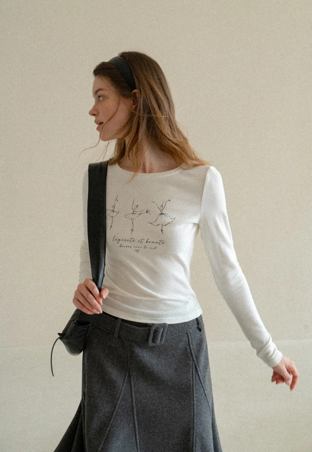 Ballet Sketch Print Long Sleeve Crew Neck T Shirt