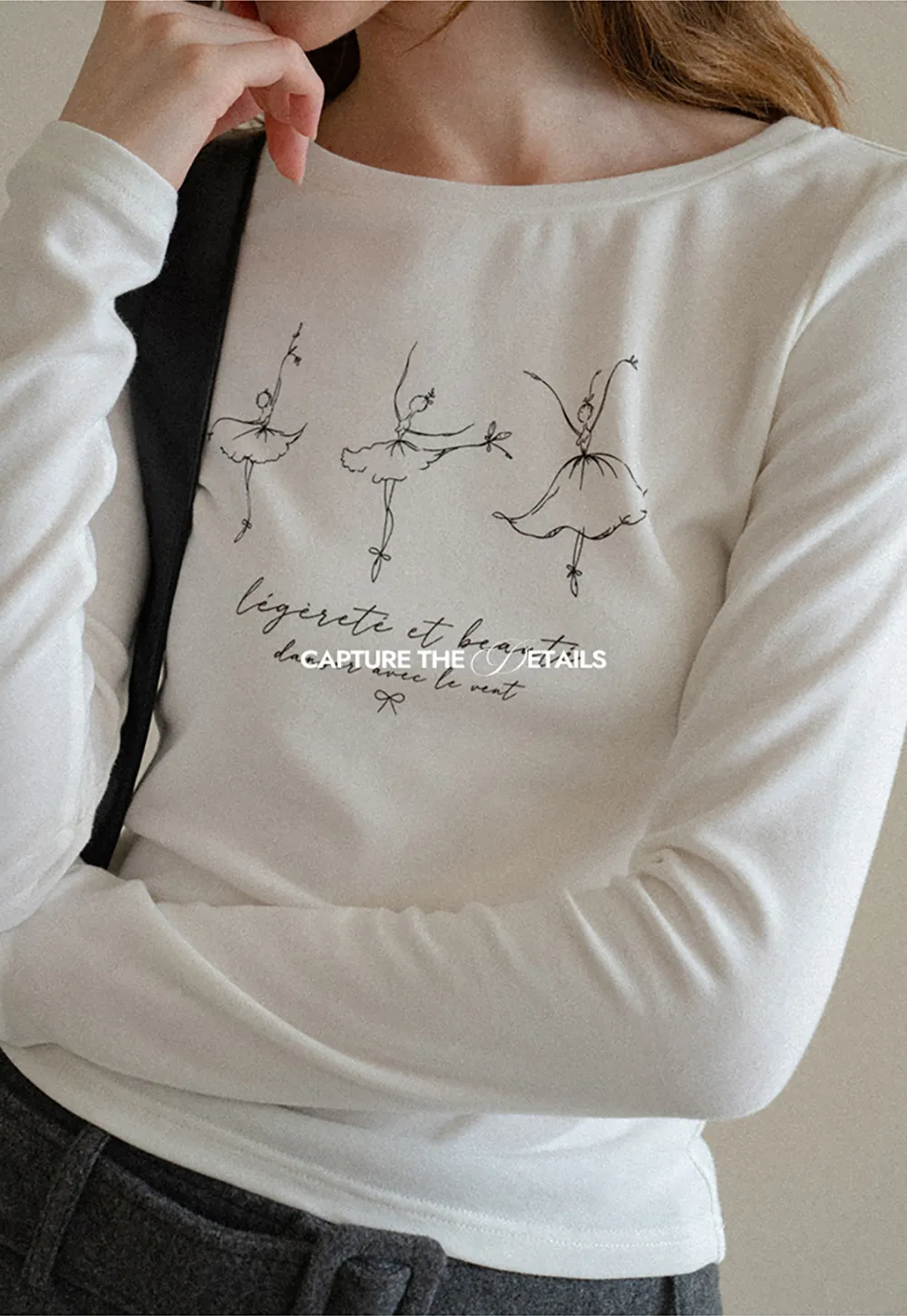 Ballet Sketch Print Long Sleeve Crew Neck T Shirt