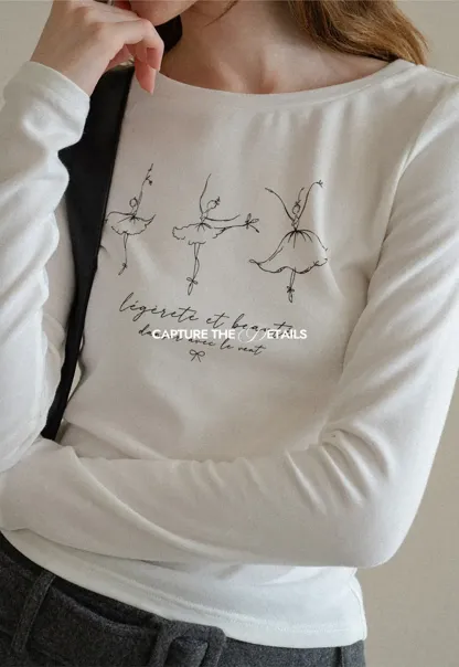 Ballet Sketch Print Long Sleeve Crew Neck T Shirt