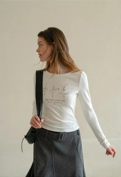 Ballet Sketch Print Long Sleeve Crew Neck T Shirt