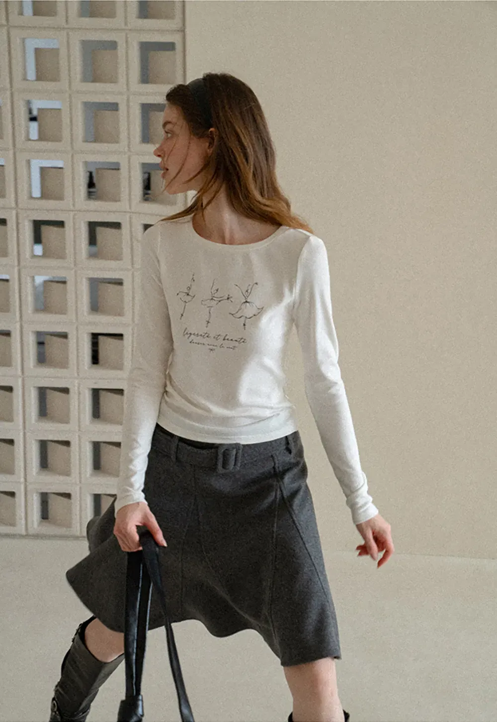 Ballet Sketch Print Long Sleeve Crew Neck T Shirt