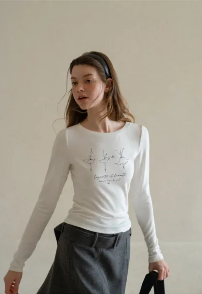 Ballet Sketch Print Long Sleeve Crew Neck T Shirt