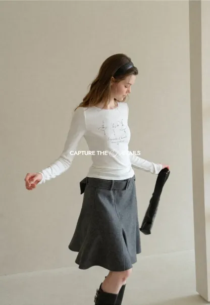 Ballet Sketch Print Long Sleeve Crew Neck T Shirt