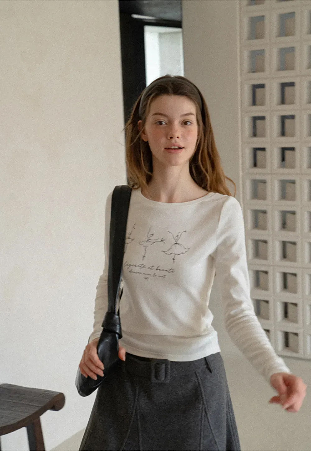 Ballet Sketch Print Long Sleeve Crew Neck T Shirt