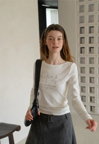 Ballet Sketch Print Long Sleeve Crew Neck T Shirt