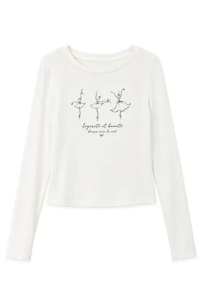 Ballet Sketch Print Long Sleeve Crew Neck T Shirt