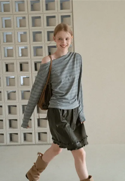 Asymmetrical One Shoulder Ribbed Knit T Shirt