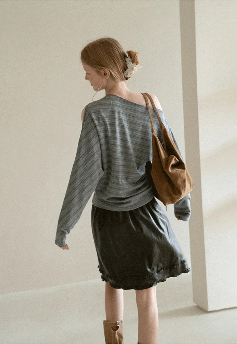 Asymmetrical One Shoulder Ribbed Knit T Shirt