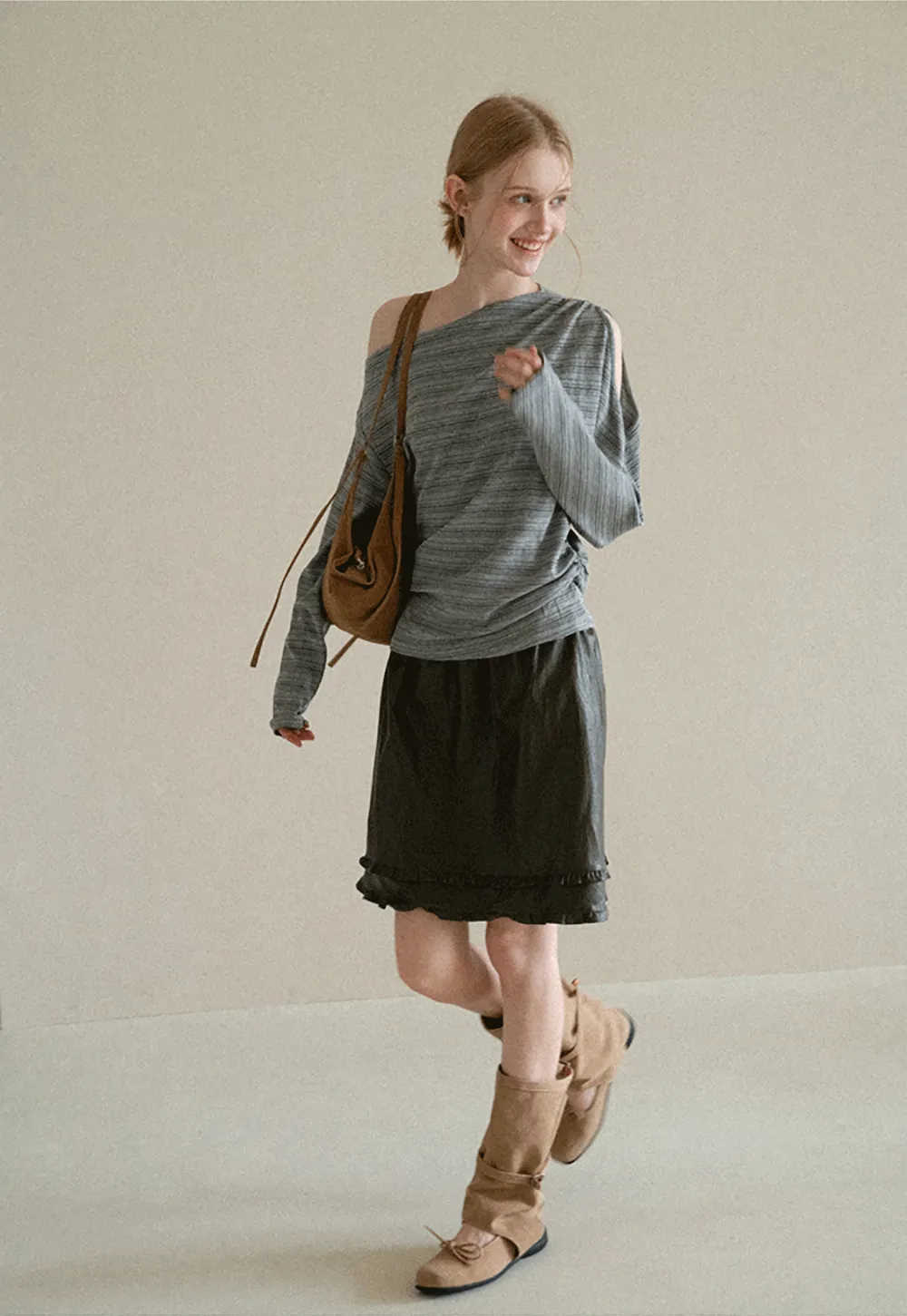 Asymmetrical One Shoulder Ribbed Knit T Shirt