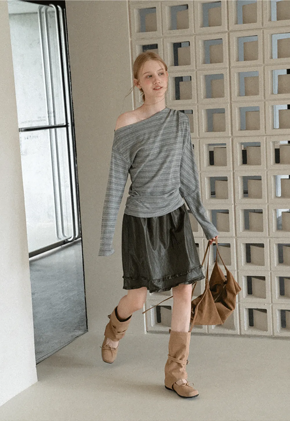 Asymmetrical One Shoulder Ribbed Knit T Shirt