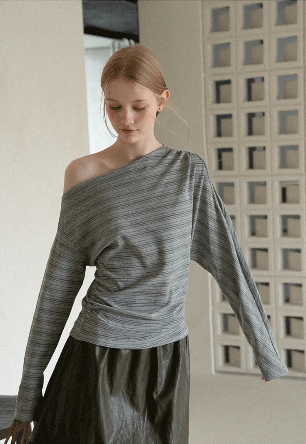 Asymmetrical One Shoulder Ribbed Knit T Shirt