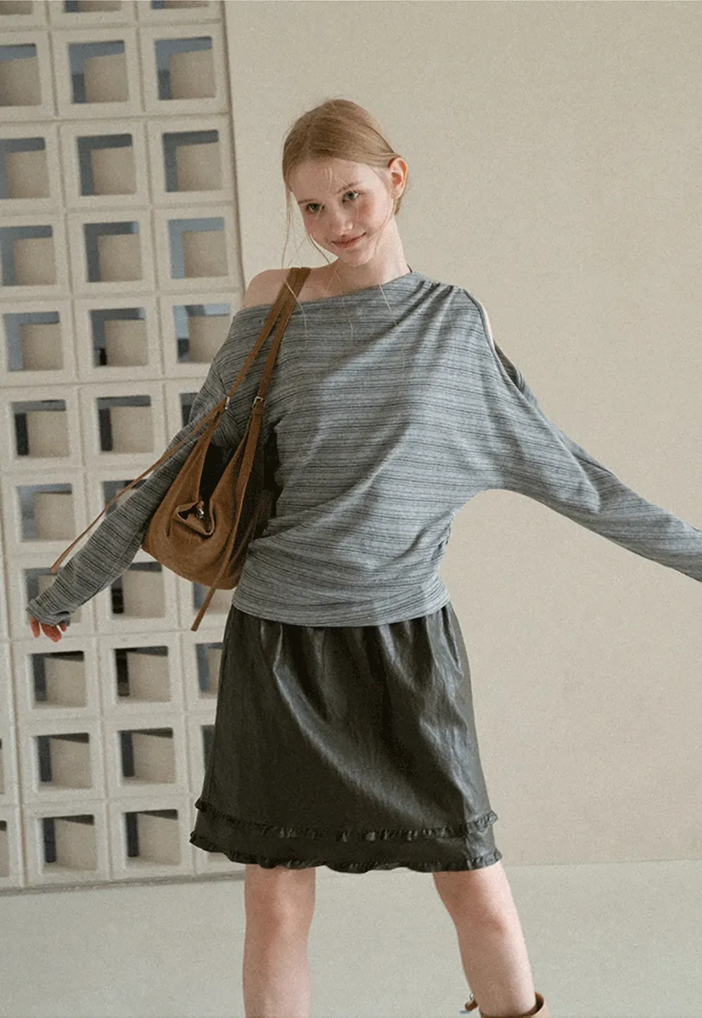 Asymmetrical One Shoulder Ribbed Knit T Shirt