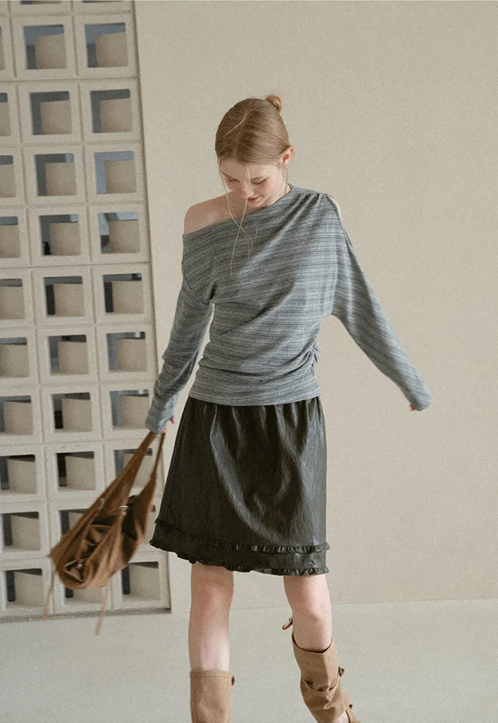 Asymmetrical One Shoulder Ribbed Knit T Shirt