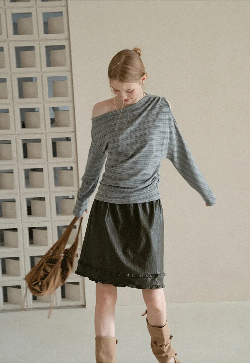 Asymmetrical One Shoulder Ribbed Knit T Shirt