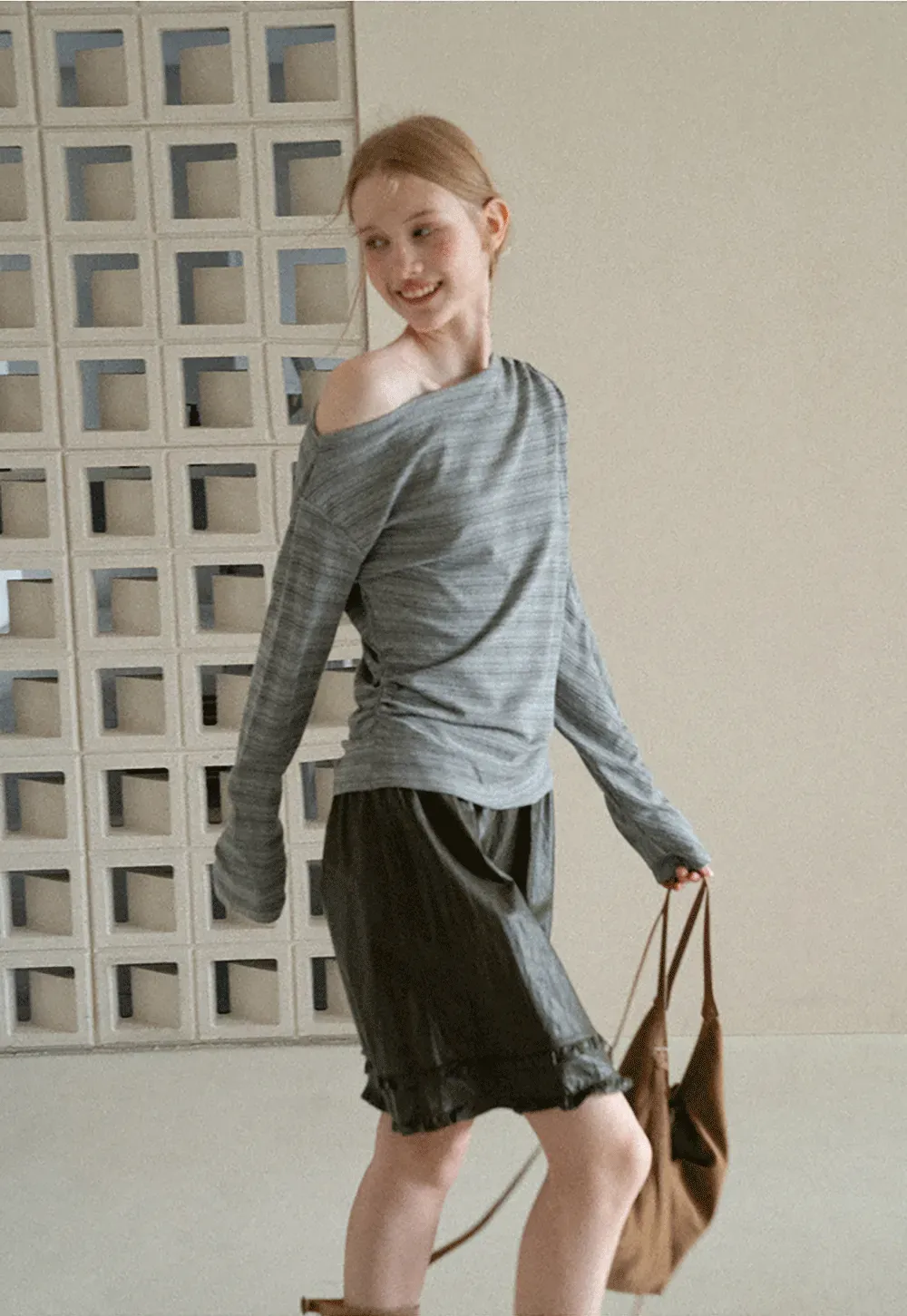 Asymmetrical One Shoulder Ribbed Knit T Shirt