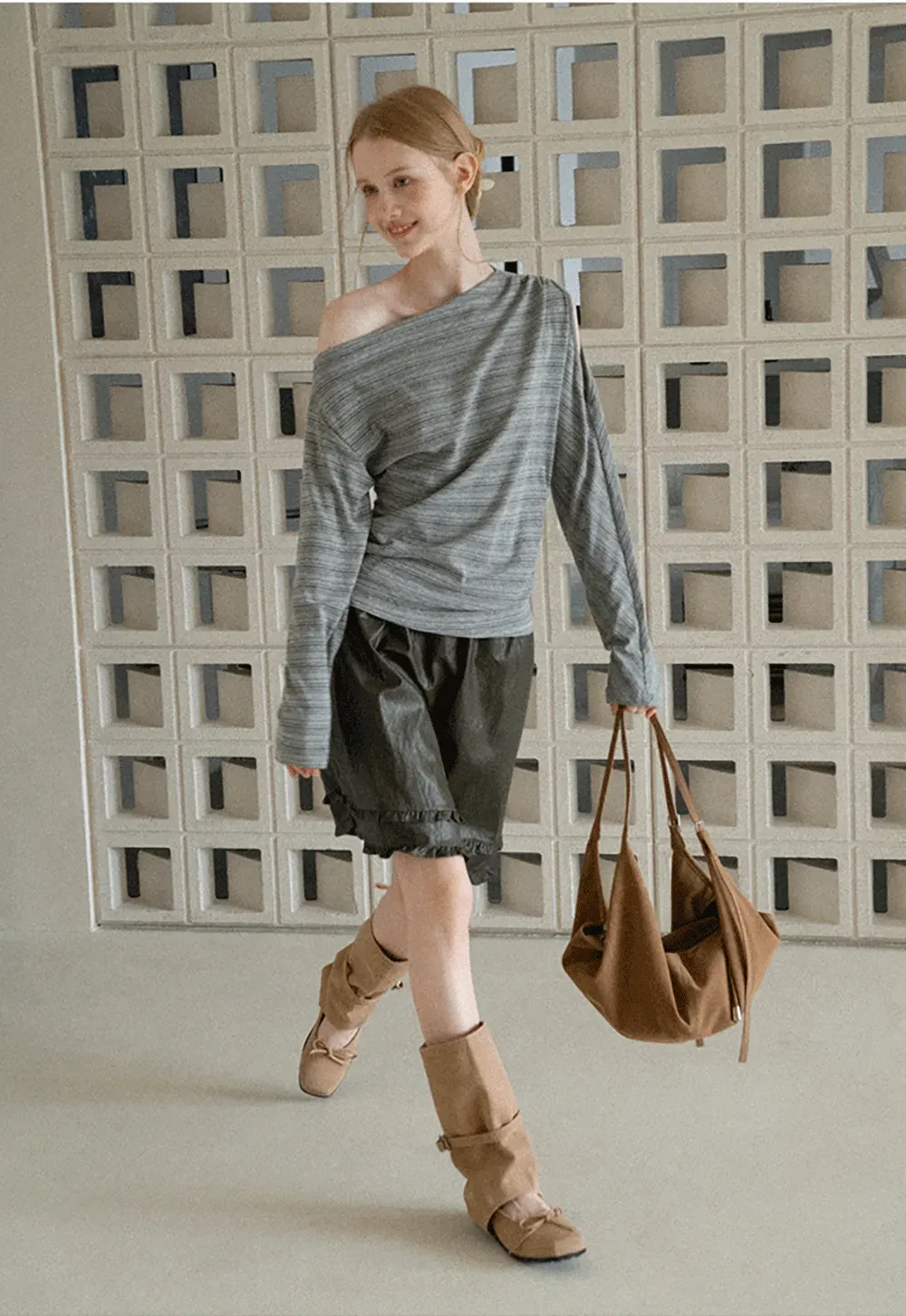 Asymmetrical One Shoulder Ribbed Knit T Shirt