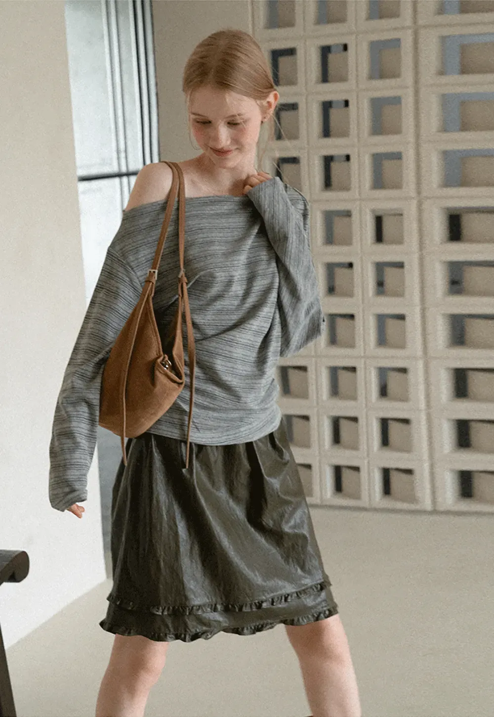 Asymmetrical One Shoulder Ribbed Knit T Shirt
