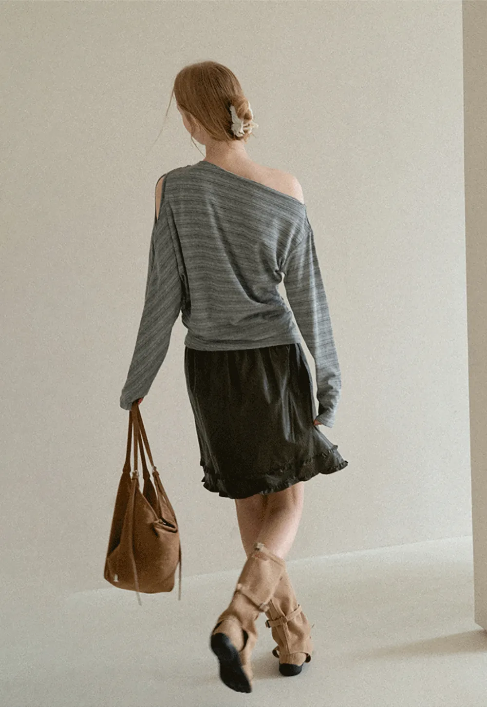Asymmetrical One Shoulder Ribbed Knit T Shirt