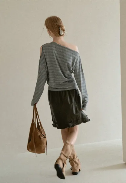 Asymmetrical One Shoulder Ribbed Knit T Shirt