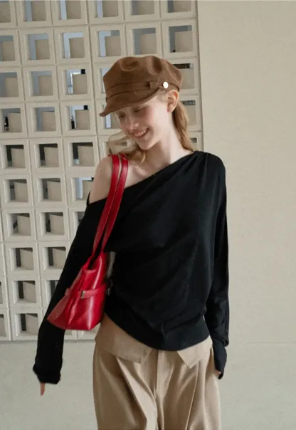 Asymmetrical One Shoulder Ribbed Knit T Shirt