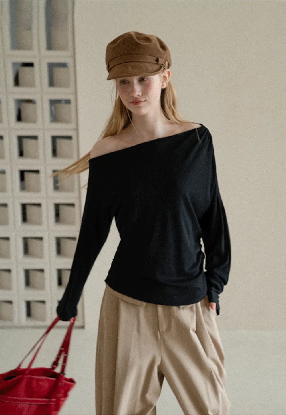 Asymmetrical One Shoulder Ribbed Knit T Shirt