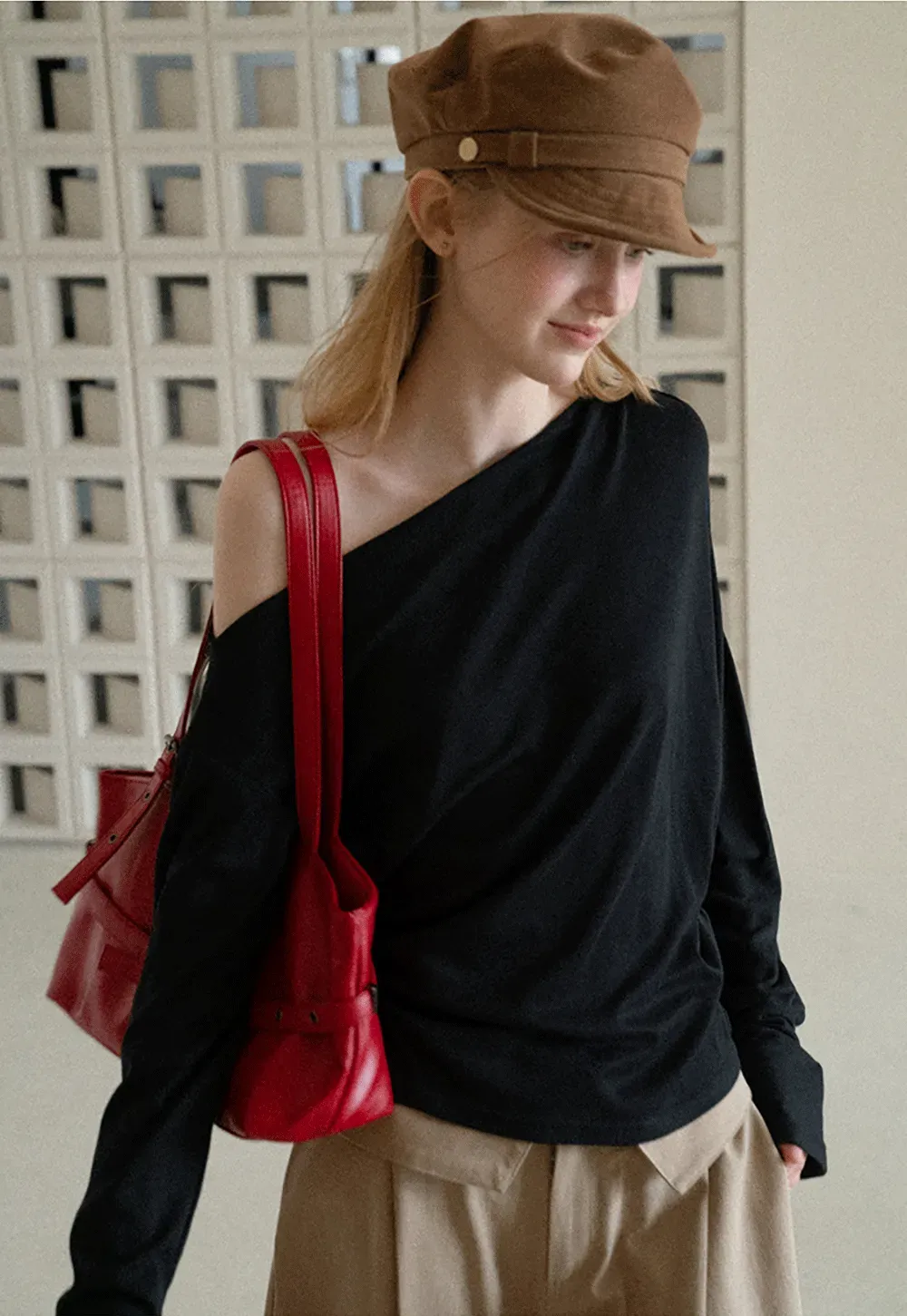Asymmetrical One Shoulder Ribbed Knit T Shirt