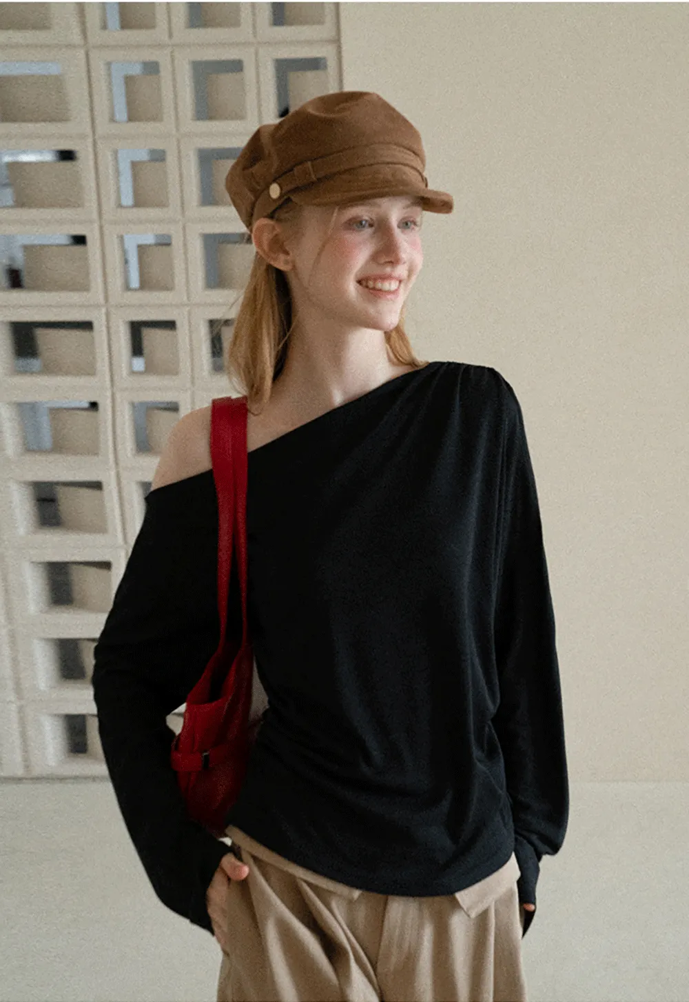 Asymmetrical One Shoulder Ribbed Knit T Shirt