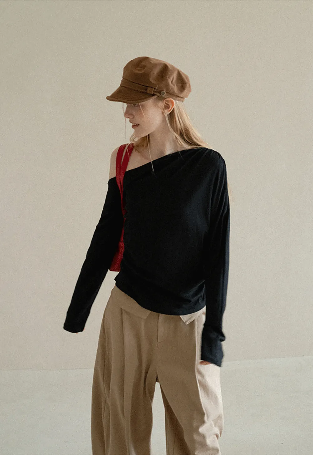 Asymmetrical One Shoulder Ribbed Knit T Shirt