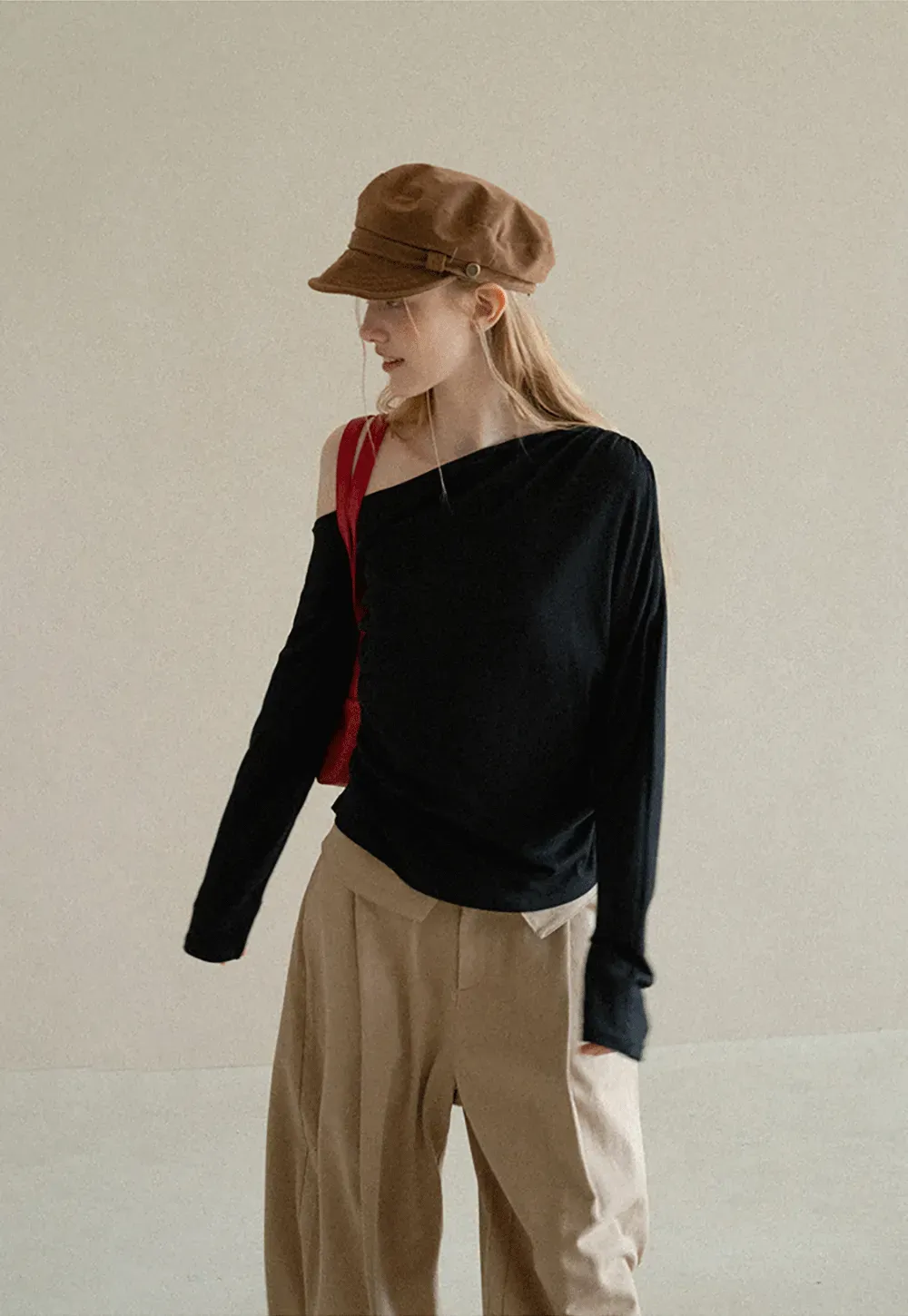 Asymmetrical One Shoulder Ribbed Knit T Shirt