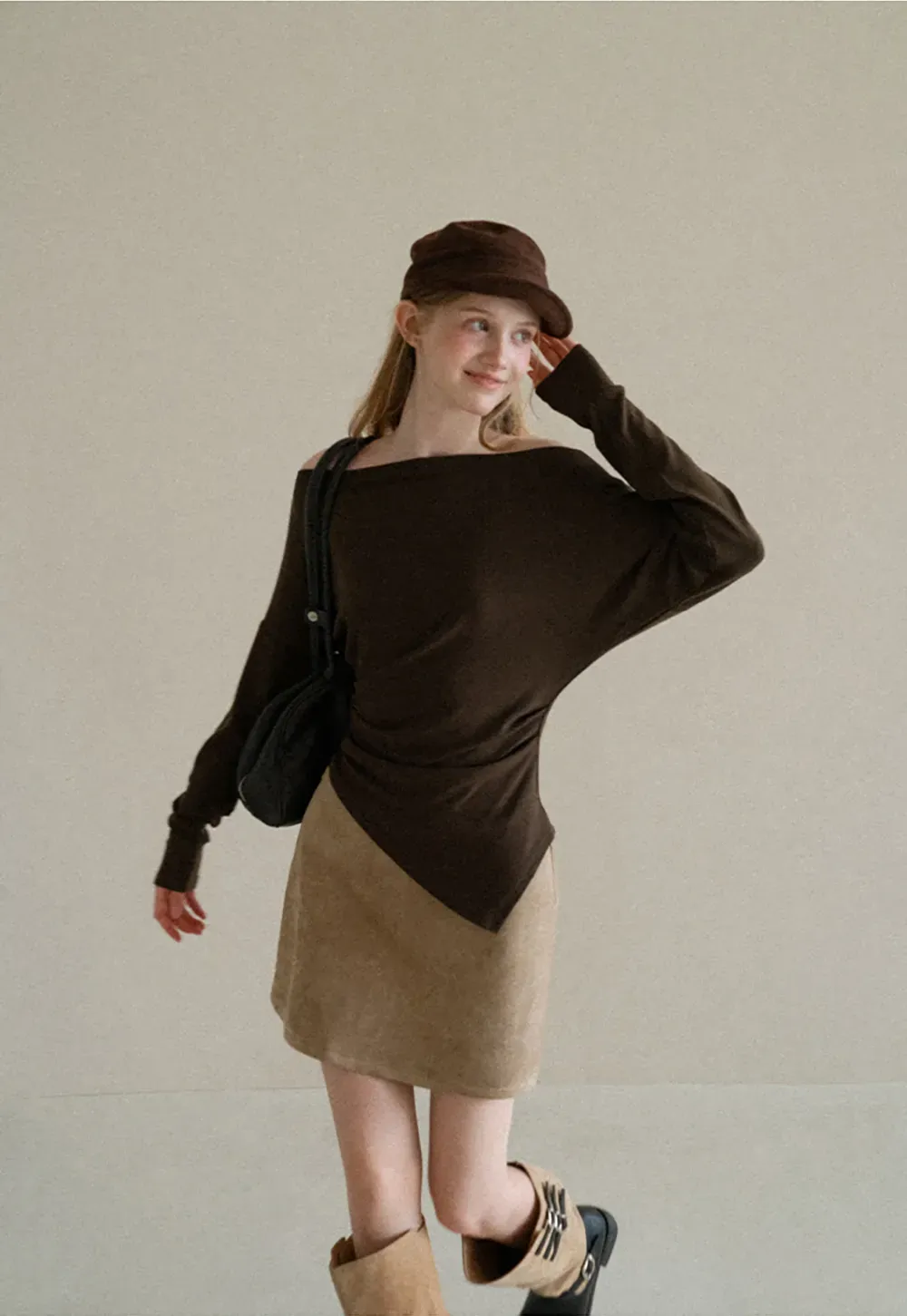 Off Shoulder Asymmetrical Hem Long Sleeve Top