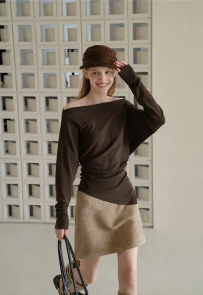 Off Shoulder Asymmetrical Hem Long Sleeve Top