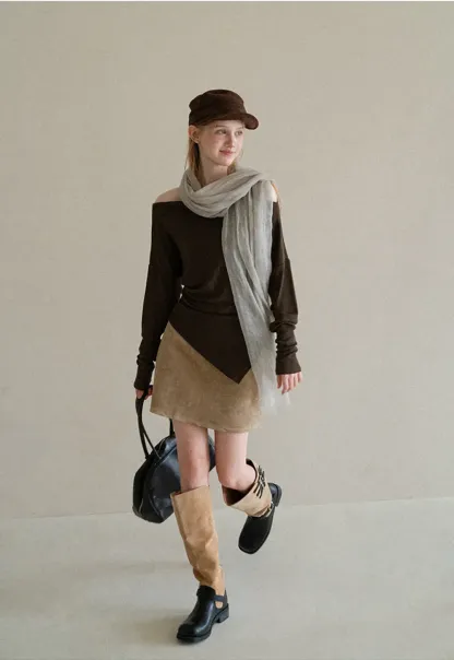 Off Shoulder Asymmetrical Hem Long Sleeve Top