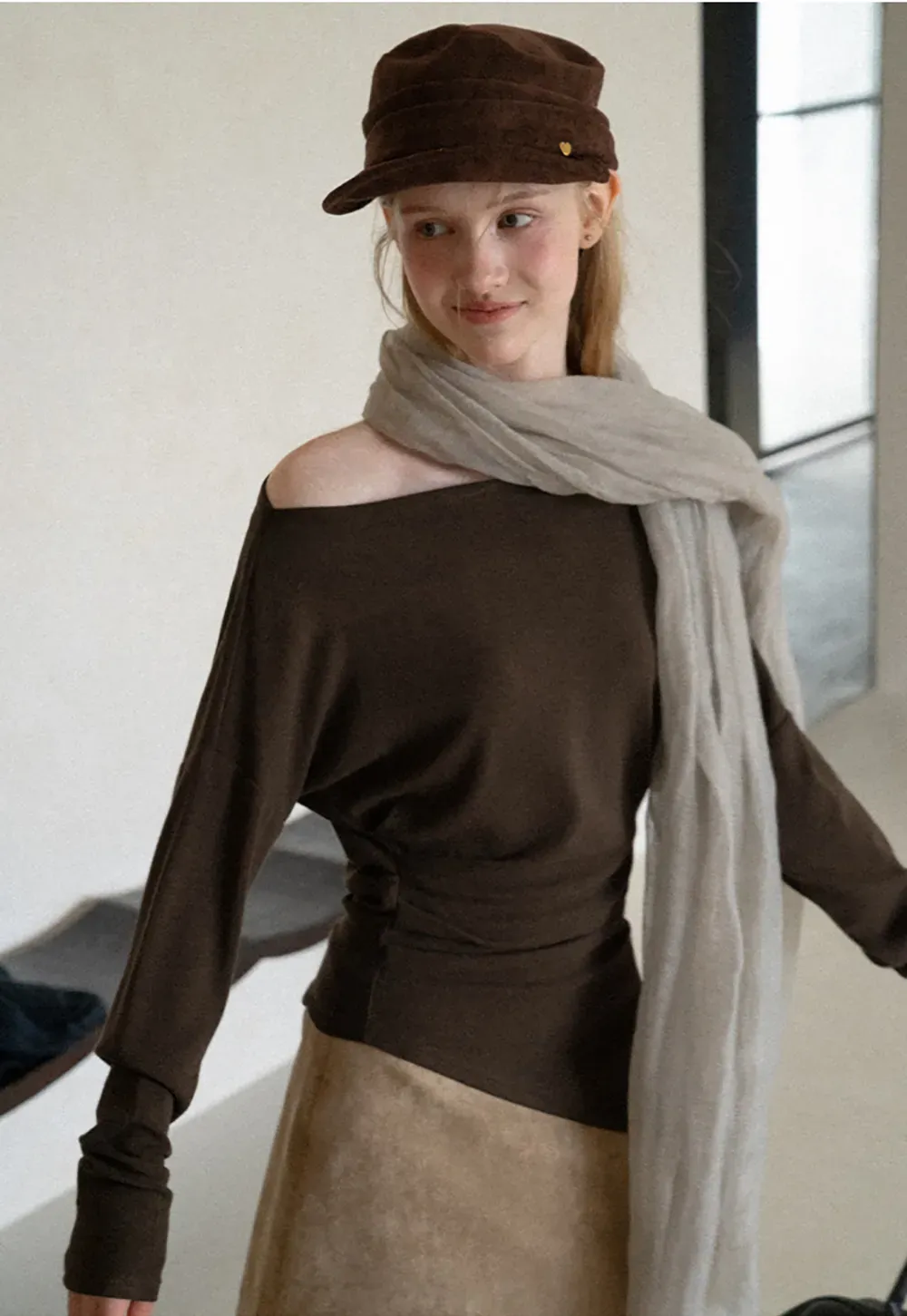 Off Shoulder Asymmetrical Hem Long Sleeve Top