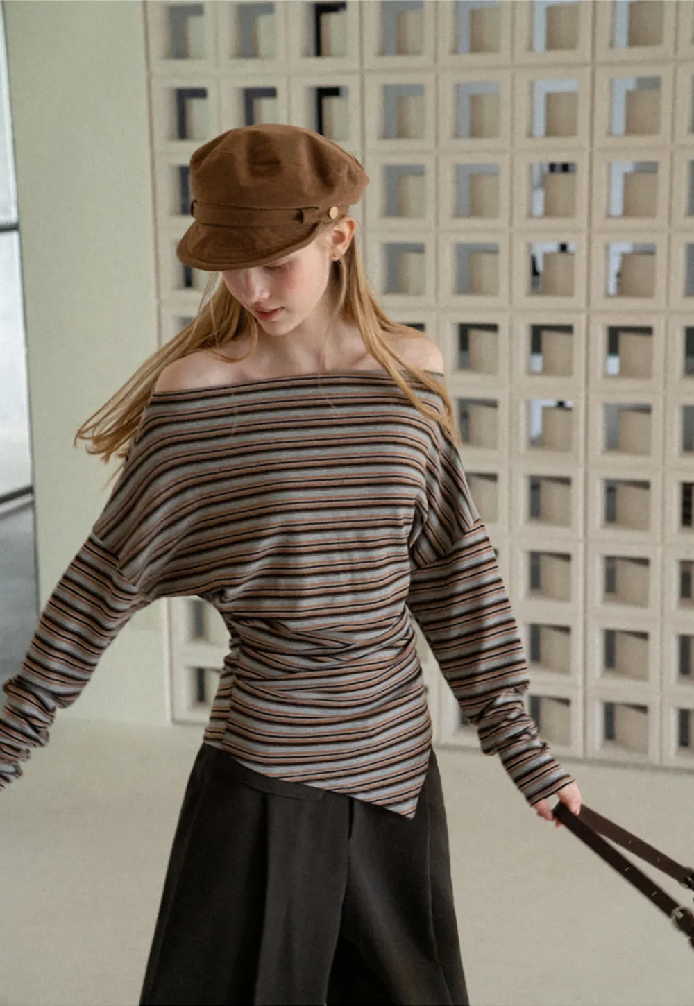 Off Shoulder Asymmetrical Hem Long Sleeve Top