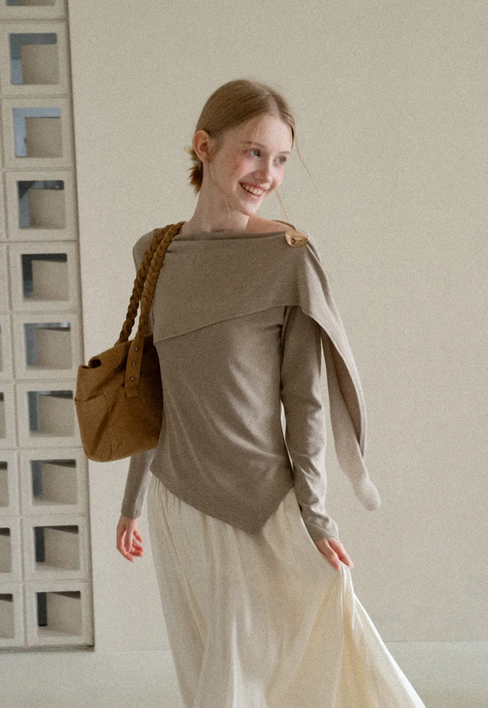 Asymmetrical Draped Shoulder Long Sleeve Top