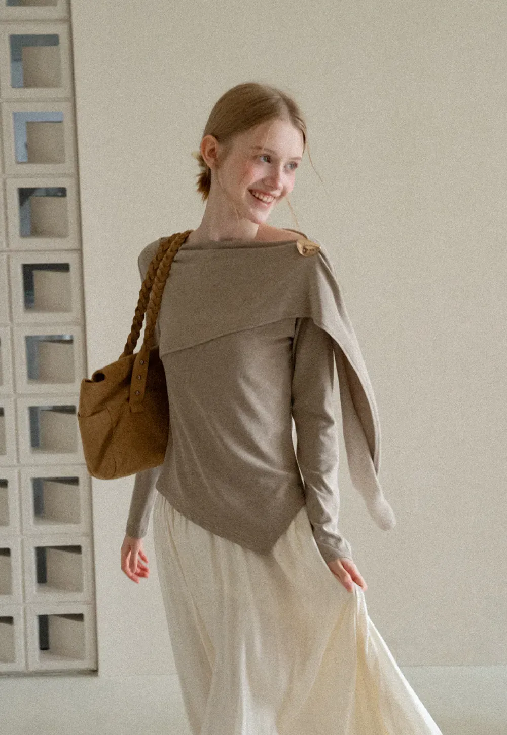 Asymmetrical Draped Shoulder Long Sleeve Top